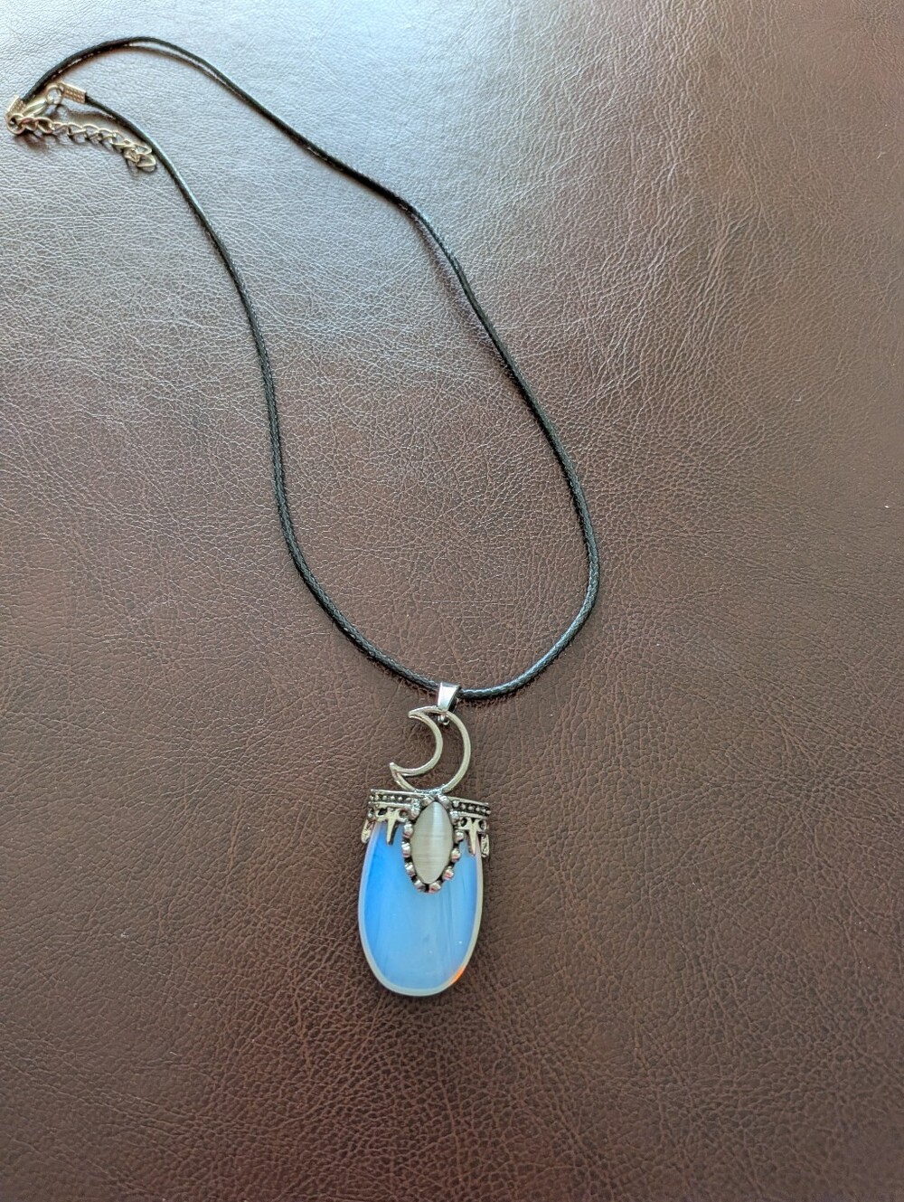 Boho Crescent Moon Opalite Pendant On Black Cord